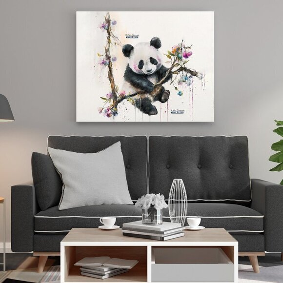 16x20 Baby Panda in a Tree‎ Floral Watercolor Oil Painting Art Print - Picture 3 of 6
